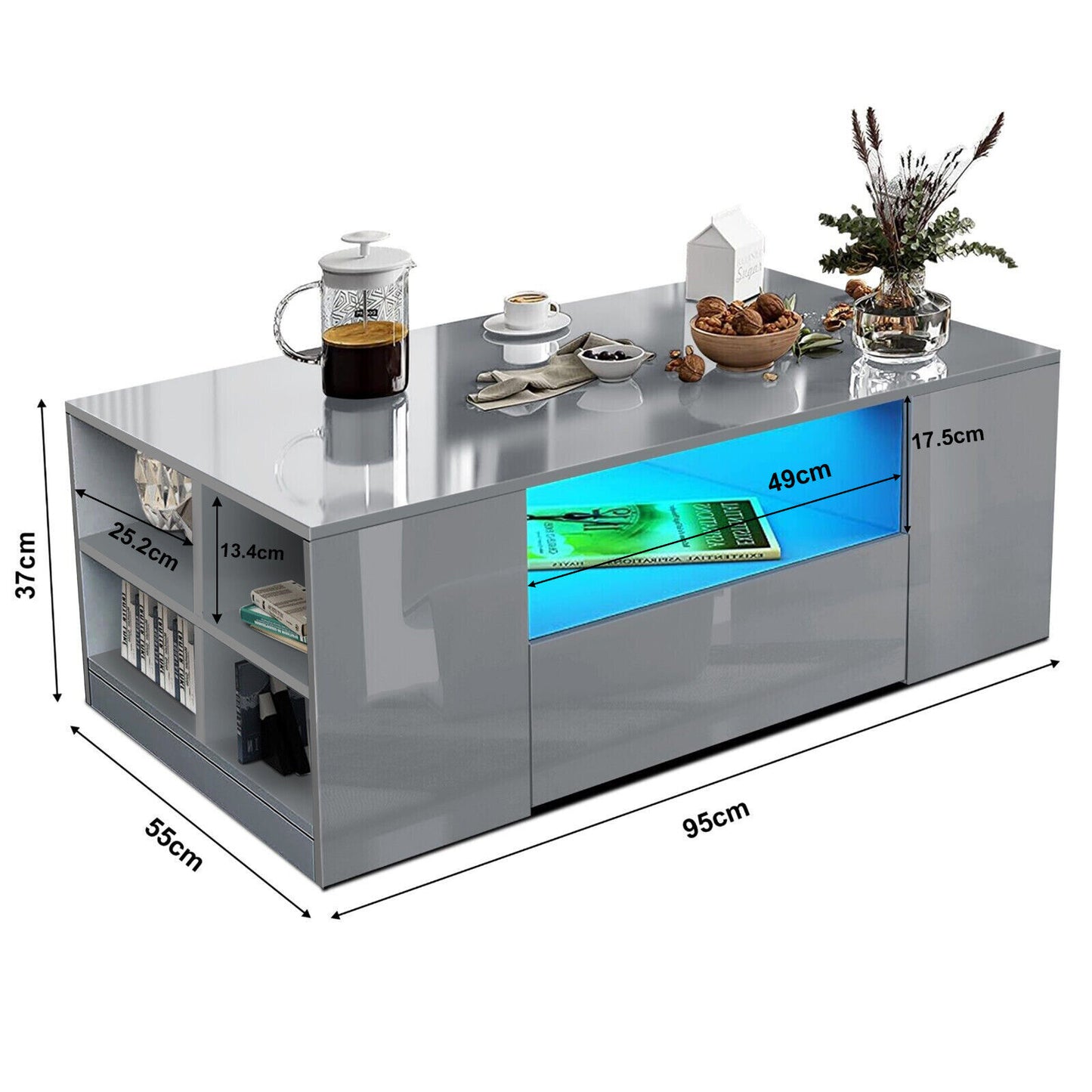 Wooden LED Coffee Table with Storage 2 Drawers Living Room Furniture High Gloss