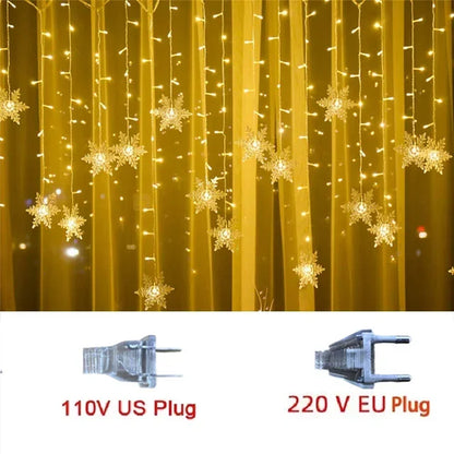 Christmas Decorations 2024 Snowflake Window Curtain Garlands Led Icicle Fairy Lights Flashing 8 Modes Eu-Plug New Year 2024