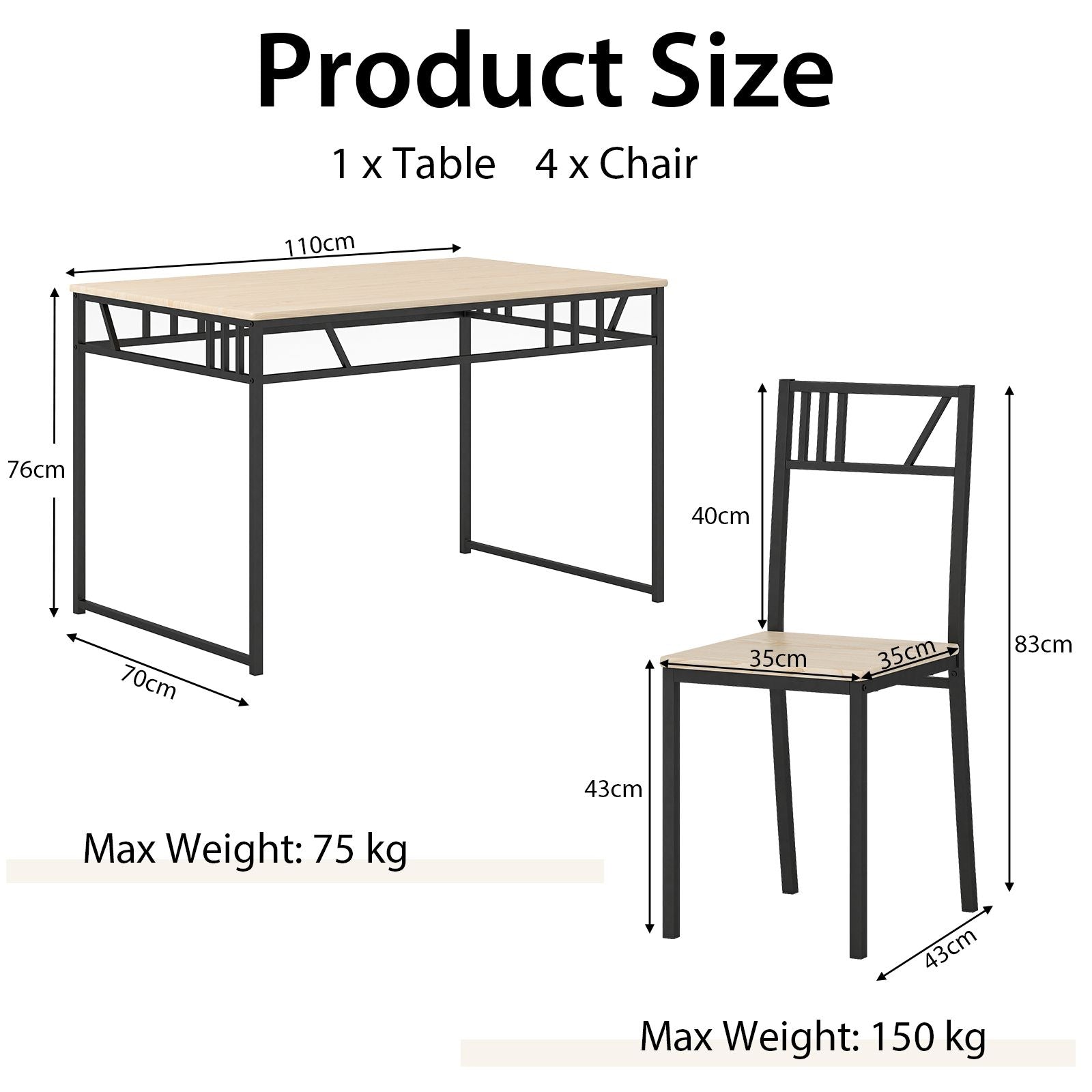 Industrial-Style Kitchen Table and 4 Chairs with Wood like Tabletop and Metal Frame