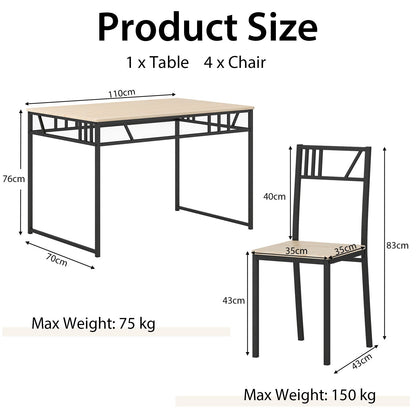 Industrial-Style Kitchen Table and 4 Chairs with Wood like Tabletop and Metal Frame