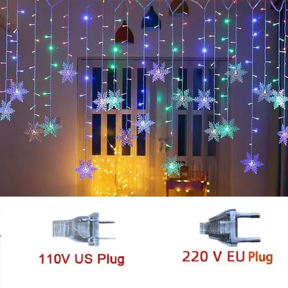 Christmas Decorations 2024 Snowflake Window Curtain Garlands Led Icicle Fairy Lights Flashing 8 Modes Eu-Plug New Year 2024