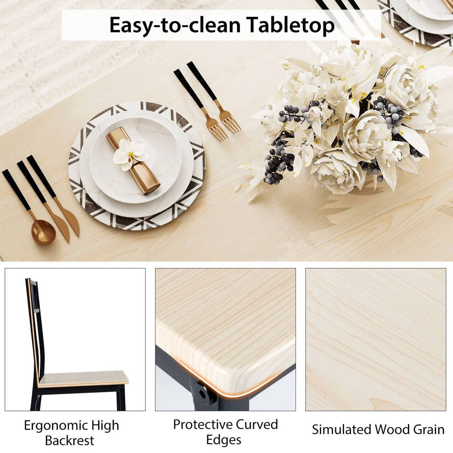 Industrial-Style Kitchen Table and 4 Chairs with Wood like Tabletop and Metal Frame