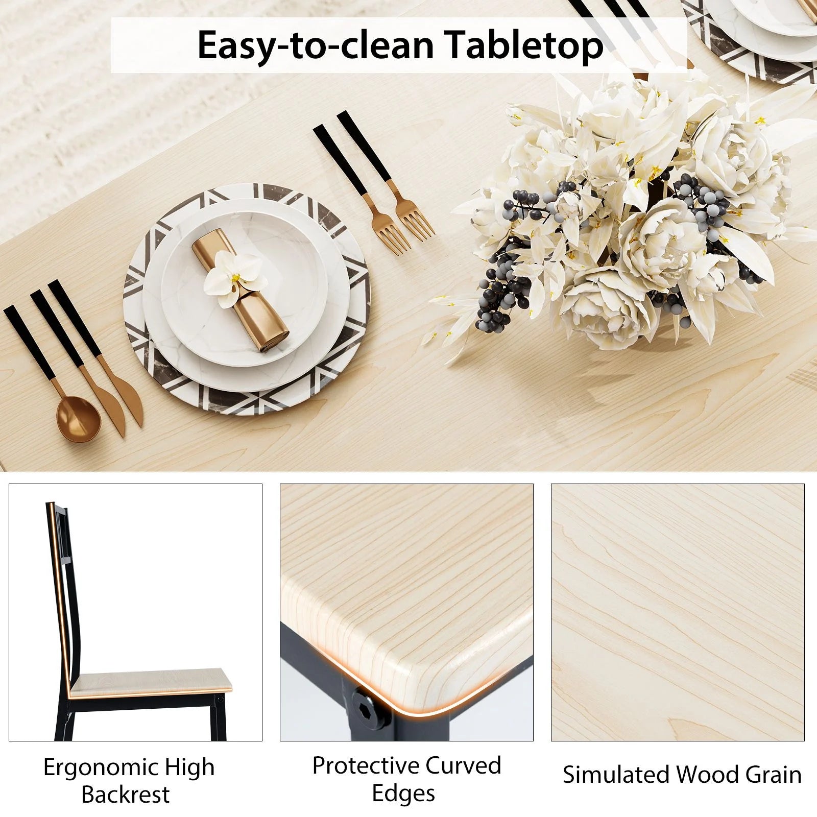 Industrial-Style Kitchen Table and 4 Chairs with Wood like Tabletop and Metal Frame