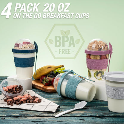 4 Pack on the Go Cereal Yogurt Cups with Lids and Spoon, Overnight Oats Container, Reusable Parfait Plastic Milk Pot Breakfast Crunch Granola Oatmeal Smoothie Snack Prep Jar