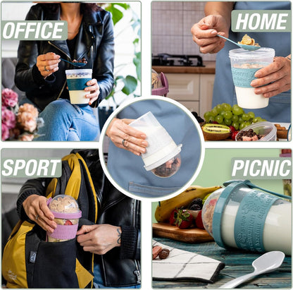 4 Pack on the Go Cereal Yogurt Cups with Lids and Spoon, Overnight Oats Container, Reusable Parfait Plastic Milk Pot Breakfast Crunch Granola Oatmeal Smoothie Snack Prep Jar
