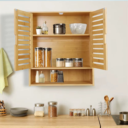 Natural Bamboo Bathroom Cabinet Wall Mounted Kitchen Cabinet Cupboard Storage Organizer 3 Tier Shelf