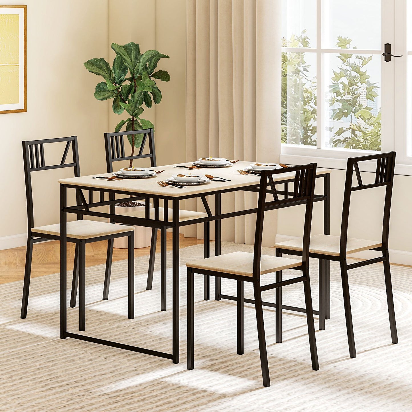 Industrial-Style Kitchen Table and 4 Chairs with Wood like Tabletop and Metal Frame