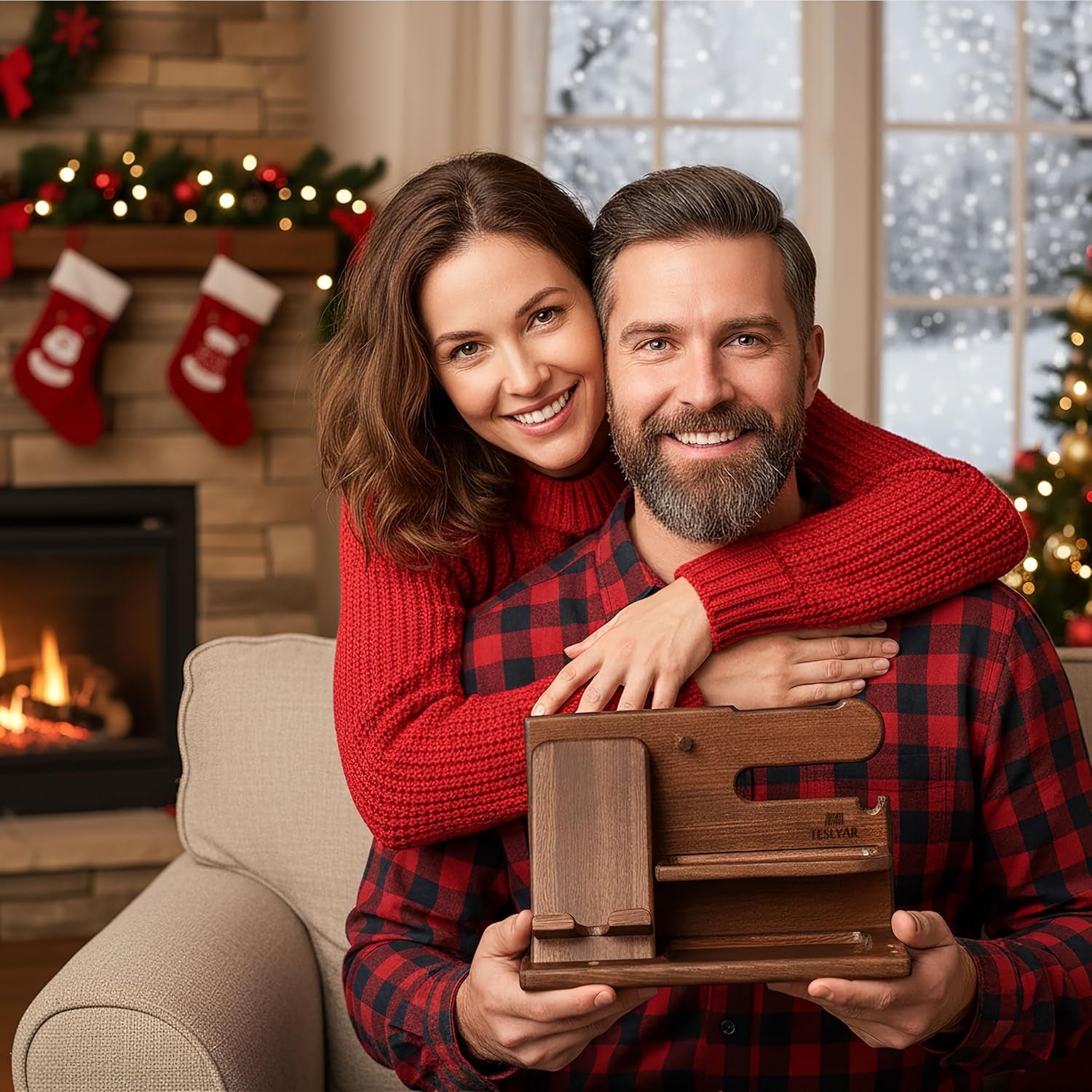 Gifts for Men Wood Phone Docking Station Desk Organizer Fathers Gifts Gifts for Him Xmas Gift Anniversary Birthday Presents Nightstand Key Wallet Stand for Men, Boyfriend, Dad