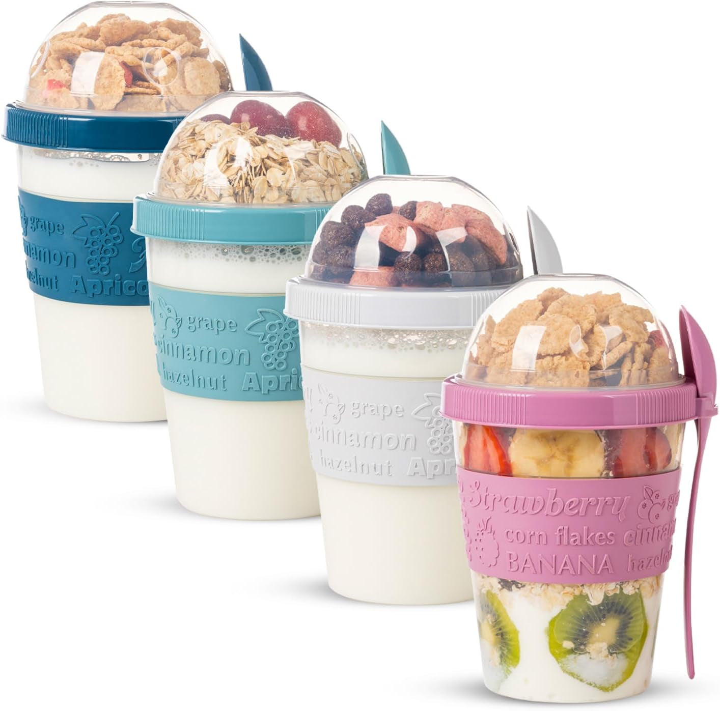 4 Pack on the Go Cereal Yogurt Cups with Lids and Spoon, Overnight Oats Container, Reusable Parfait Plastic Milk Pot Breakfast Crunch Granola Oatmeal Smoothie Snack Prep Jar