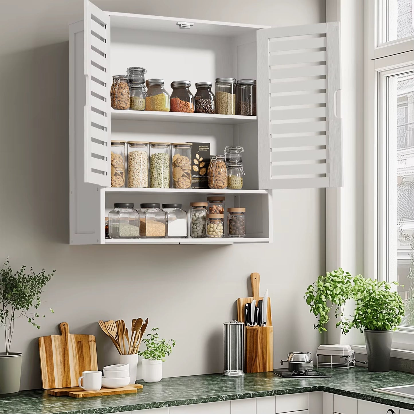 Natural Bamboo Bathroom Cabinet Wall Mounted Kitchen Cabinet Cupboard Storage Organizer 3 Tier Shelf