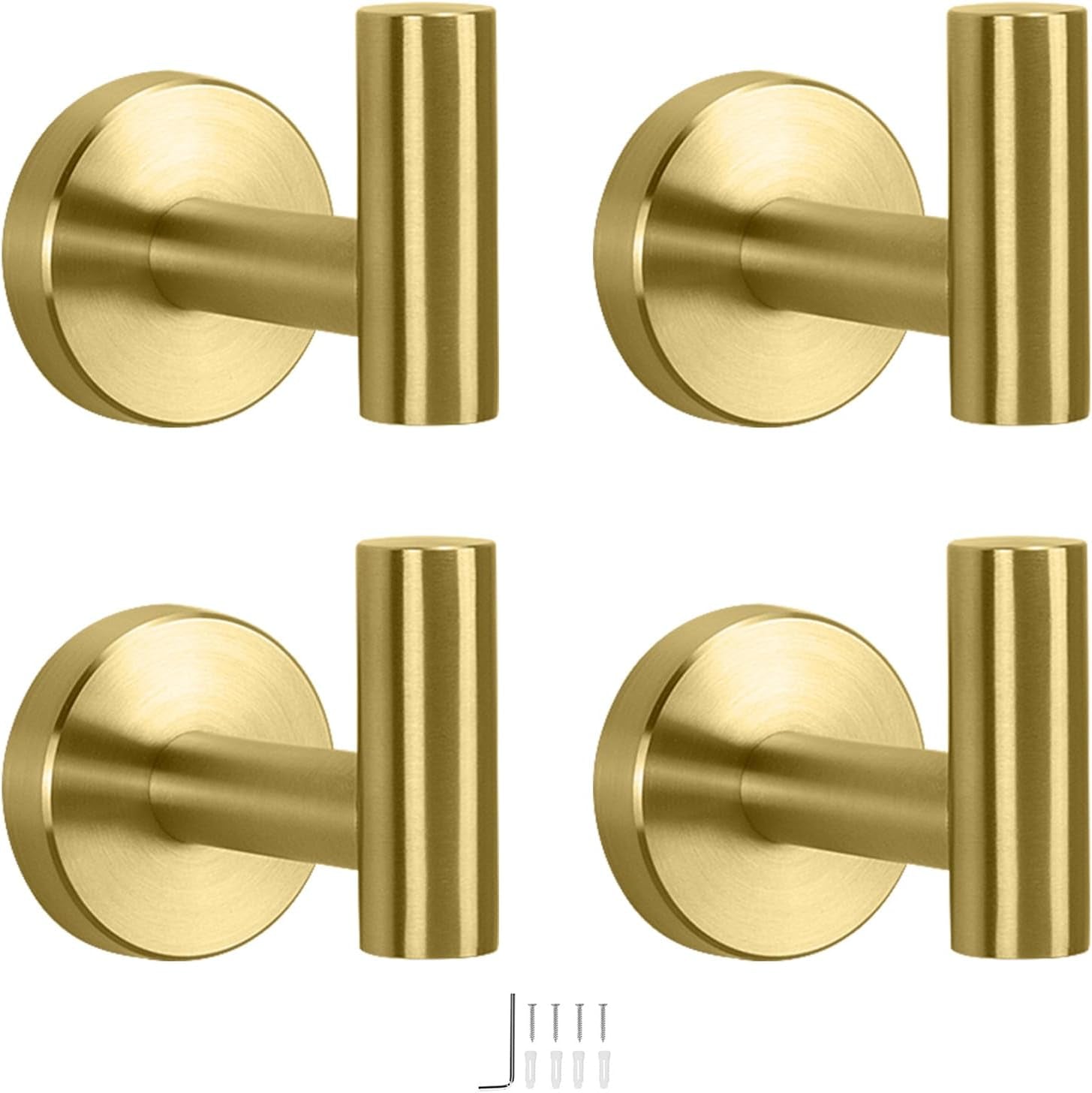 Bath Towel Hooks- SUS 304 Stainless Steel Robe Hook Holder, Heavy Duty Coat Hook for Bathroom Livingroom Hotel Kitchen Garage, Wall Mounted- 4 Pack (Brushed Gold)