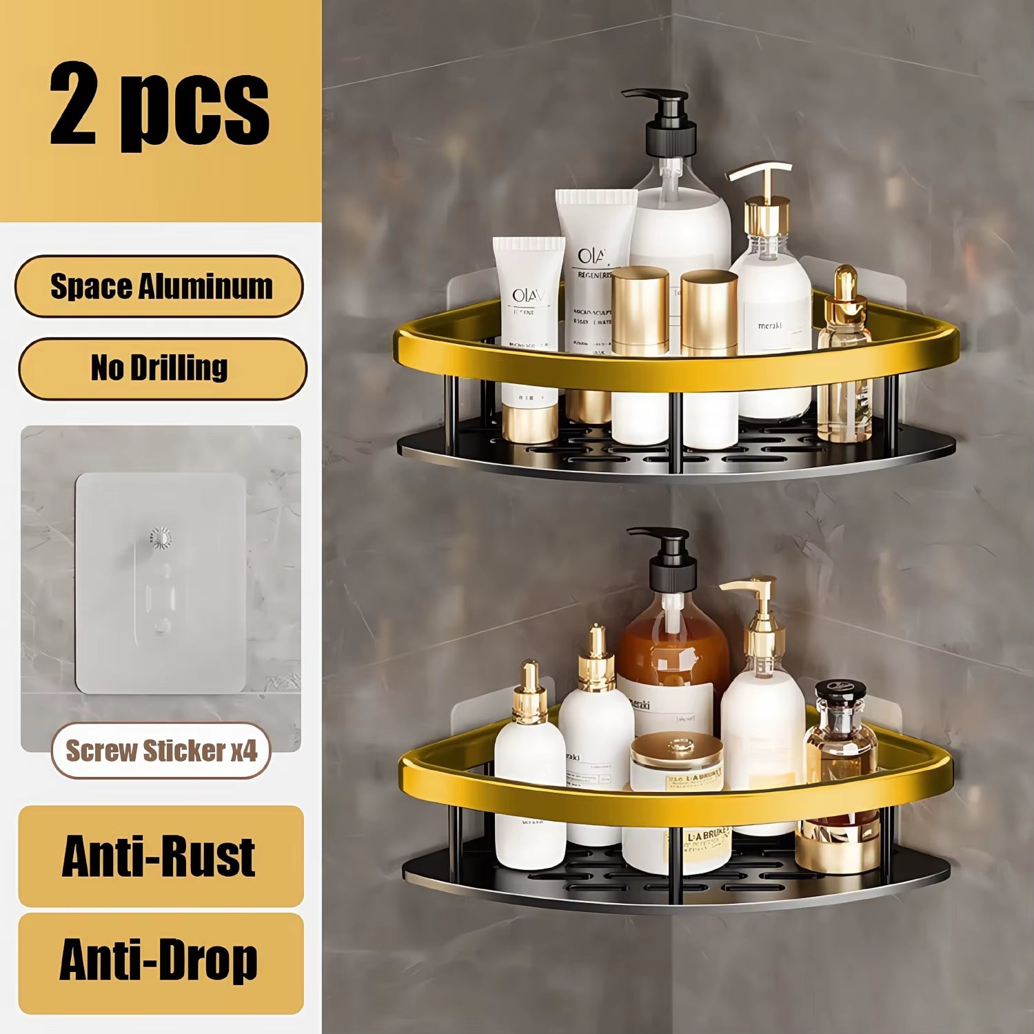Bathroom Shelf Makeup Storage Organizer Aluminum Alloy Shampoo Rack Shower Shelf Bathroom Accessories No Drill Wall Shelf