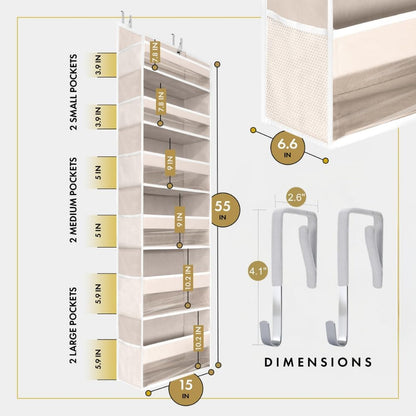 1 PC Heavy Duty over the Door Organizer 55X14X6.7, 6 Large Front & 12 Side Pockets, Hanging Storage Closet Door Organizer for Bedroom, Bathroom and Baby Nursery Storage (Ivory)