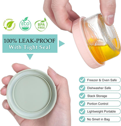 [6 Pack] Salad Dressing Container to Go, 2.7 Oz Glass Small Condiment with Lids, Dipping Sauce Cups Set, Leakproof Reusable for Lunch Box Work Trip.