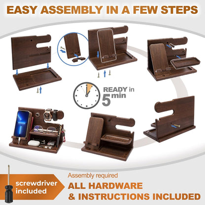 Gifts for Men Wood Phone Docking Station Desk Organizer Fathers Gifts Gifts for Him Xmas Gift Anniversary Birthday Presents Nightstand Key Wallet Stand for Men, Boyfriend, Dad