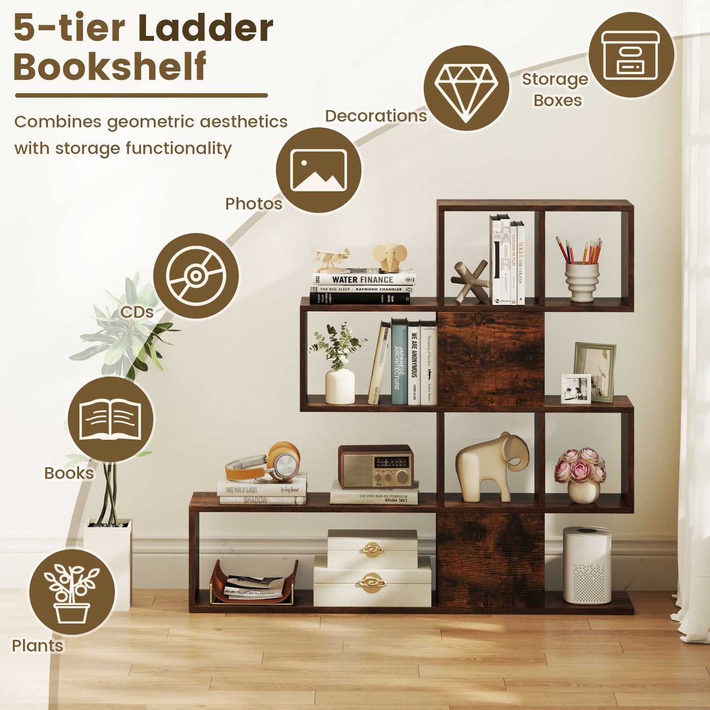 5-Tier Display and Storage Bookshelf for Home and Office