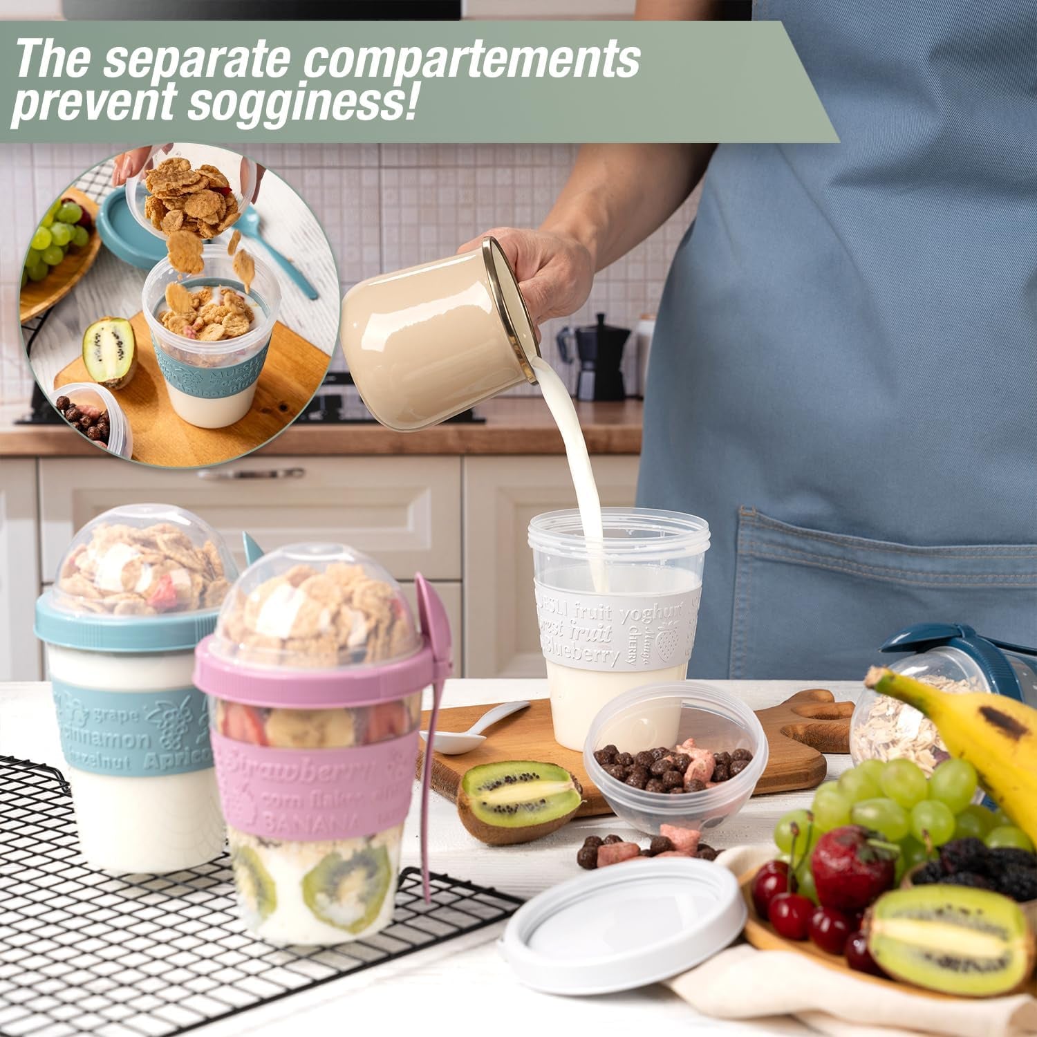 4 Pack on the Go Cereal Yogurt Cups with Lids and Spoon, Overnight Oats Container, Reusable Parfait Plastic Milk Pot Breakfast Crunch Granola Oatmeal Smoothie Snack Prep Jar