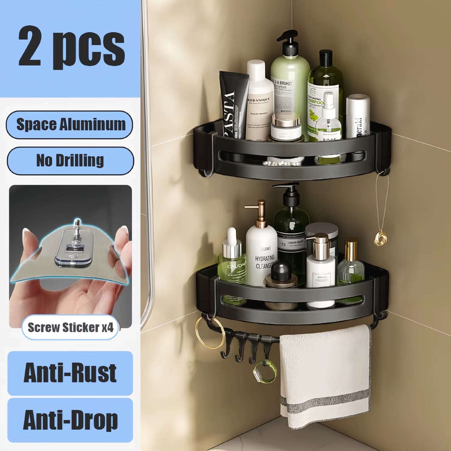 Bathroom Shelf Makeup Storage Organizer Aluminum Alloy Shampoo Rack Shower Shelf Bathroom Accessories No Drill Wall Shelf