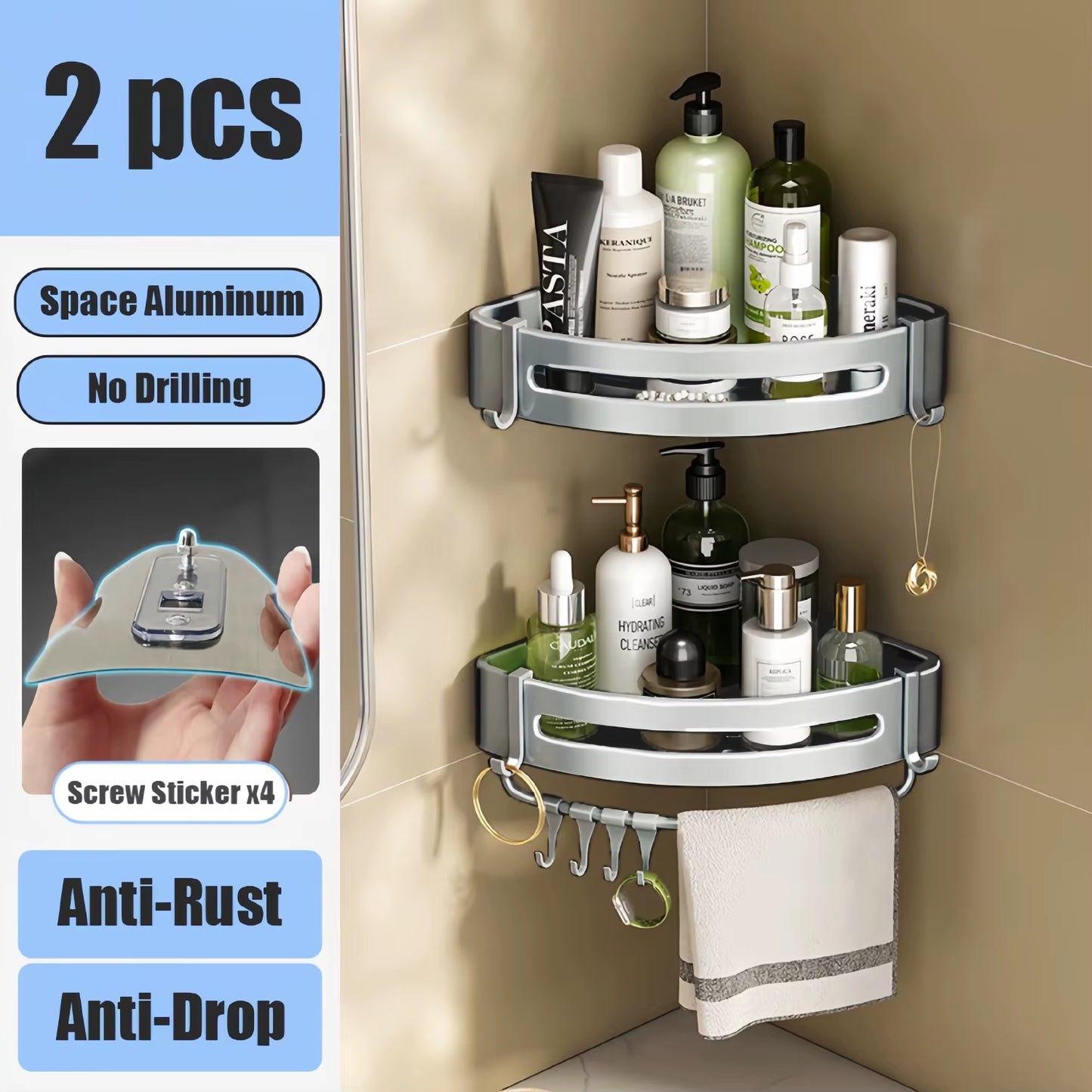 Bathroom Shelf Makeup Storage Organizer Aluminum Alloy Shampoo Rack Shower Shelf Bathroom Accessories No Drill Wall Shelf