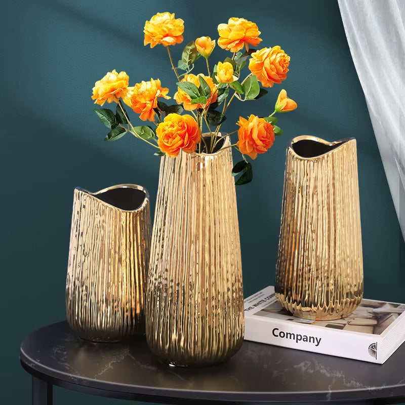 Golden Ceramic Vase Home Decor Flower Arrangement Vase Living Room Decor Modern Wedding Decoration Ceramic Vases Gifts