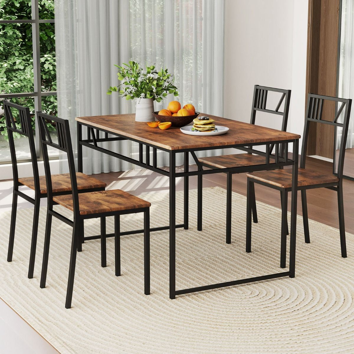 Industrial-Style Kitchen Table and 4 Chairs with Wood like Tabletop and Metal Frame