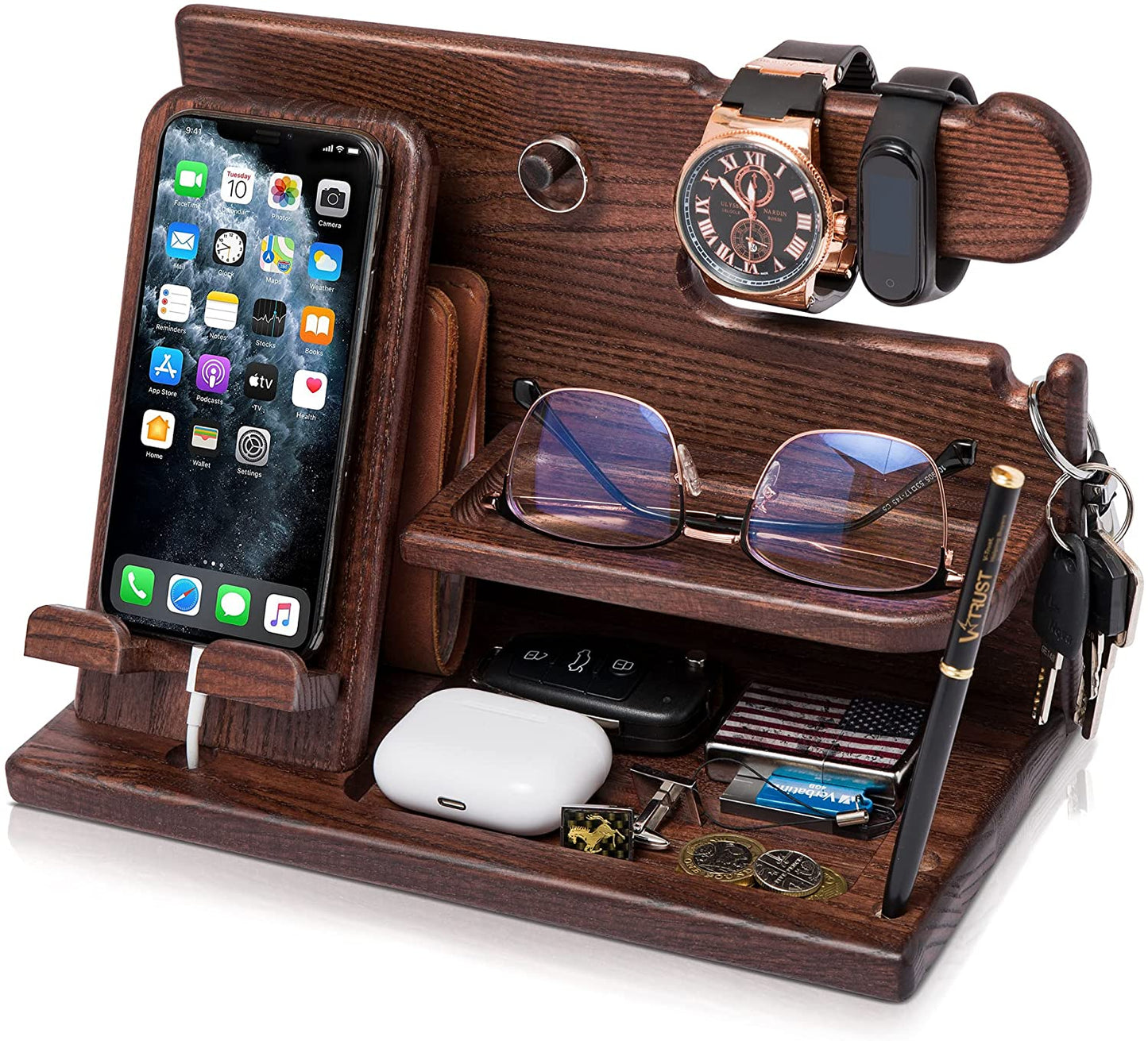 Gifts for Men Wood Phone Docking Station Desk Organizer Fathers Gifts Gifts for Him Xmas Gift Anniversary Birthday Presents Nightstand Key Wallet Stand for Men, Boyfriend, Dad