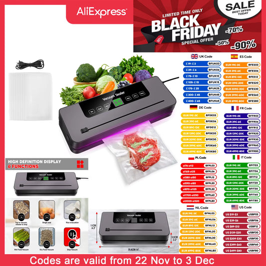 Vacuum Sealer Machine Electric Sealing Machine Automatic Food Dry Wet Vaccum Packing Saver with 10 Free Sealing Bags