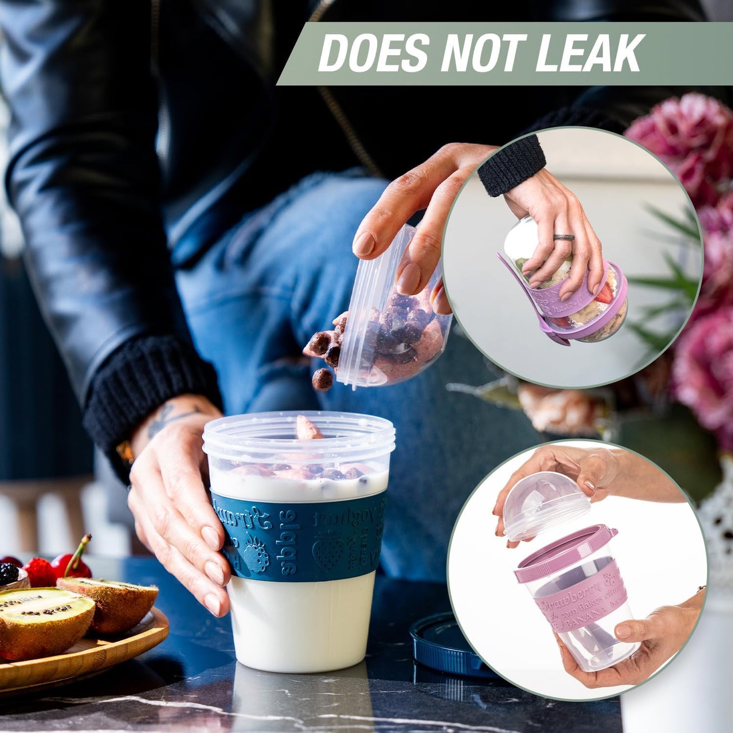 4 Pack on the Go Cereal Yogurt Cups with Lids and Spoon, Overnight Oats Container, Reusable Parfait Plastic Milk Pot Breakfast Crunch Granola Oatmeal Smoothie Snack Prep Jar